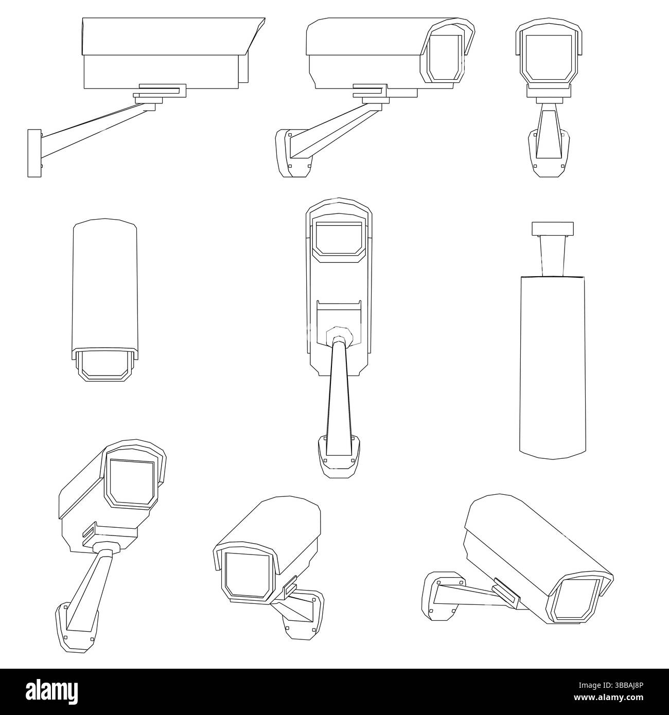 Eine Reihe von Zeichnungen von Überwachungskameras. Die Zeichnungen sind alle in Schwarzweiß gehalten. Die erste Kamera befindet sich auf der linken Seite des Bildes, die letzte Stock Vektor