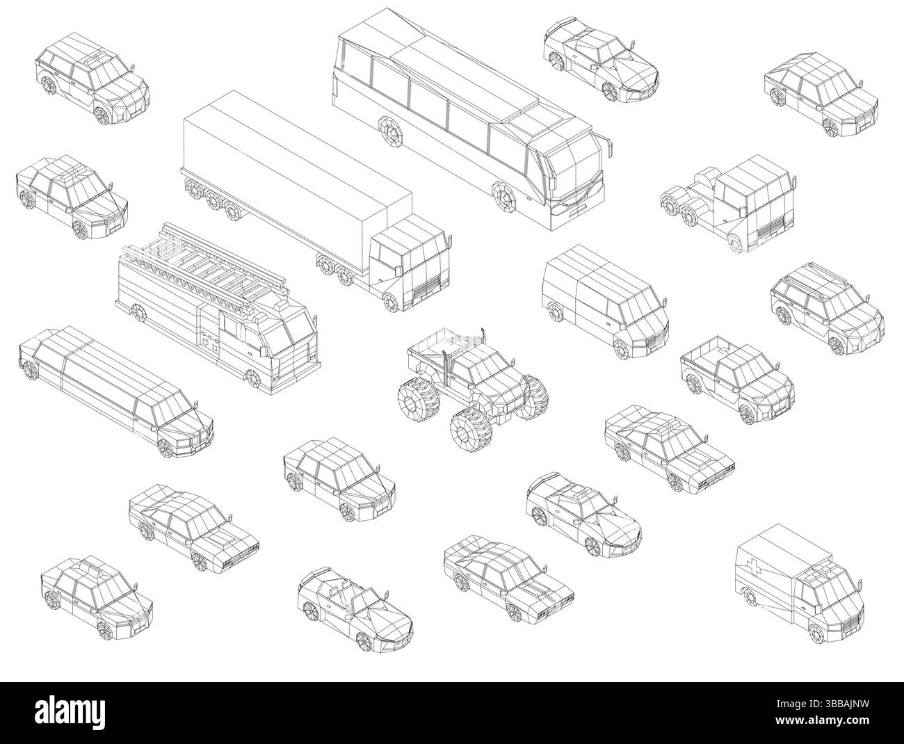 Eine Zeichnung einer belebten Straße mit vielen verschiedenen Fahrzeugtypen, einschließlich Autos, Lastwagen und Bussen. Isometrische Ansicht. 3D. Stock Vektor