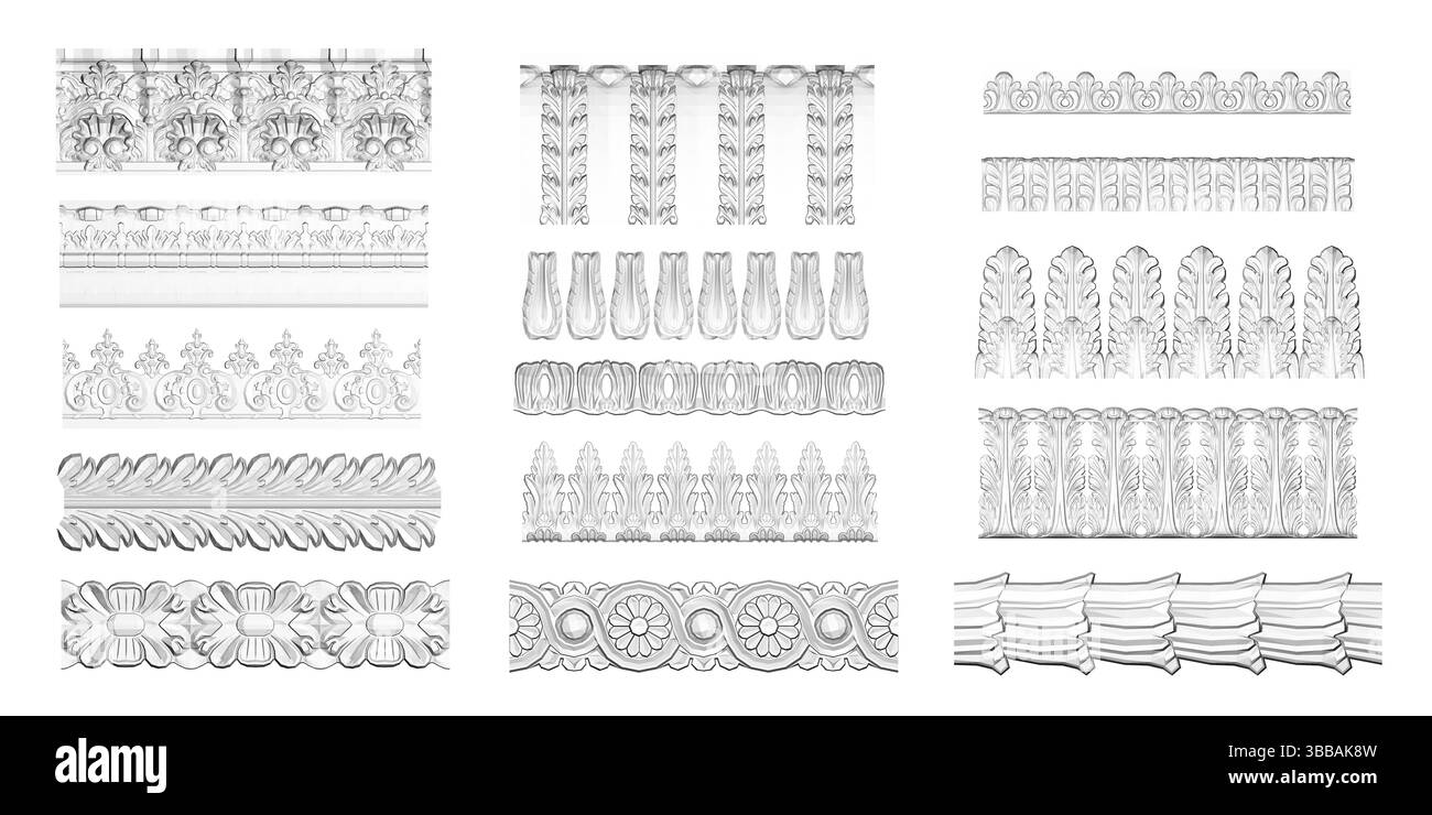 Es werden drei Sätze dekorativer Linien gezeigt, die jeweils ein anderes Design aufweisen. Die Linien sind alle weiß und erscheinen schwarz gezeichnet. Der erste Satz von Zeilen Stock Vektor