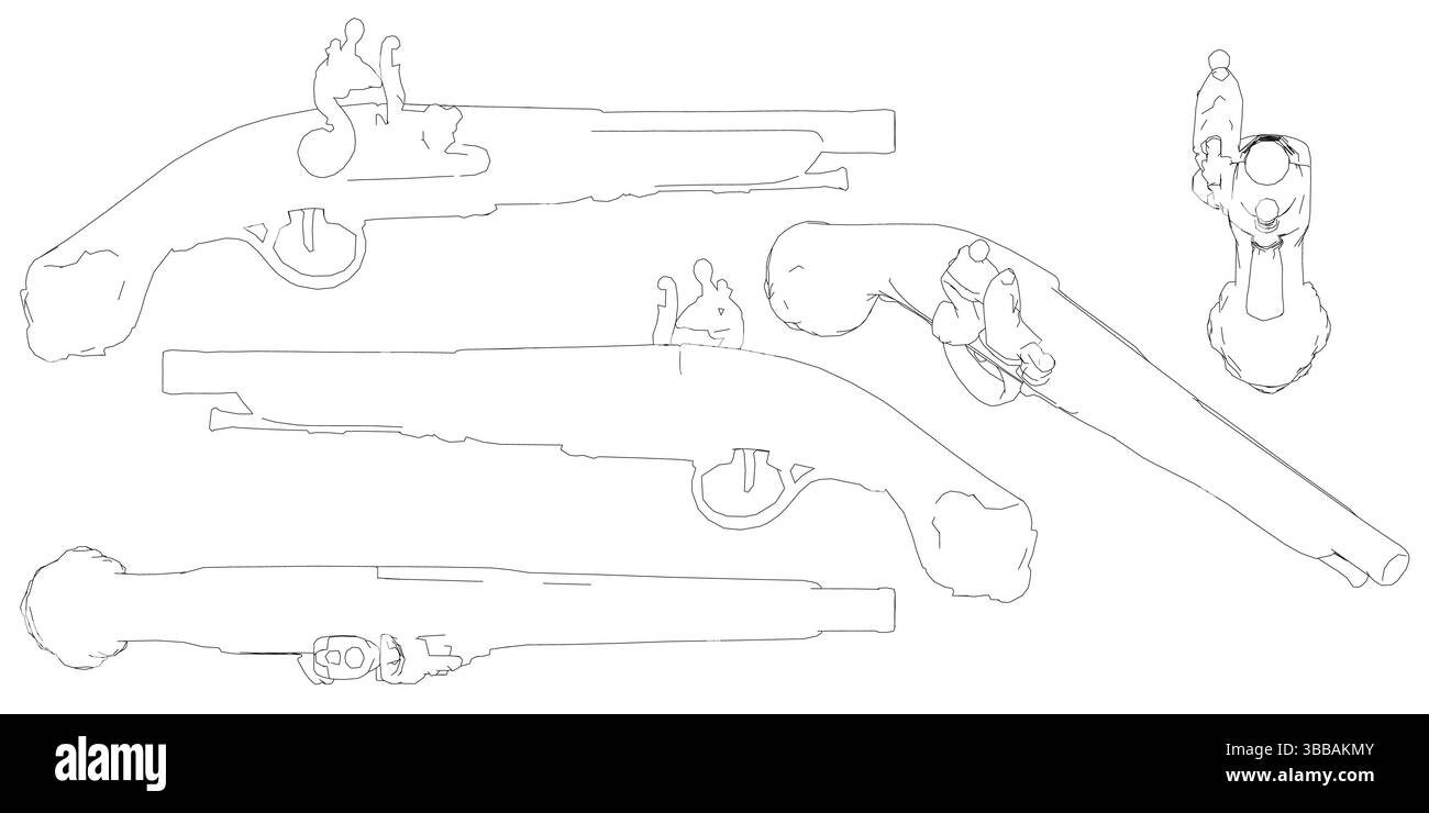 Eine Zeichnung einer Waffe und einer Person mit einer Waffe. Die Zeichnung ist verschwommen und hat ein Gefühl der Bewegung Stock Vektor
