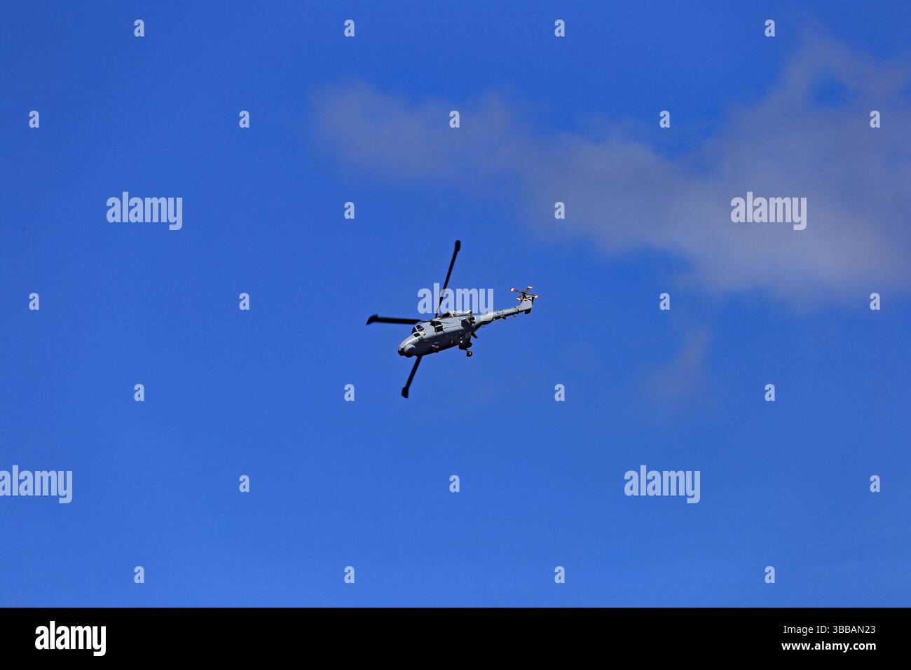 Viana do Castelo, Portugal - 15. Mai 2025: Super Lynx Mk.95A Hubschrauber, Hecknummer 19202, schwingt während der Marinha-Woche über Viana do Castelo Stockfoto
