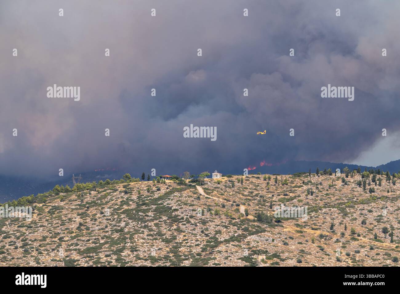 Wildfire breitet sich auf ländliche Gebäude unter einem Himmel aus, der mit dunklem Rauch gefüllt ist, während sich ein Löschflugzeug nähert. Symbolisch für globale klimabezogene disa Stockfoto