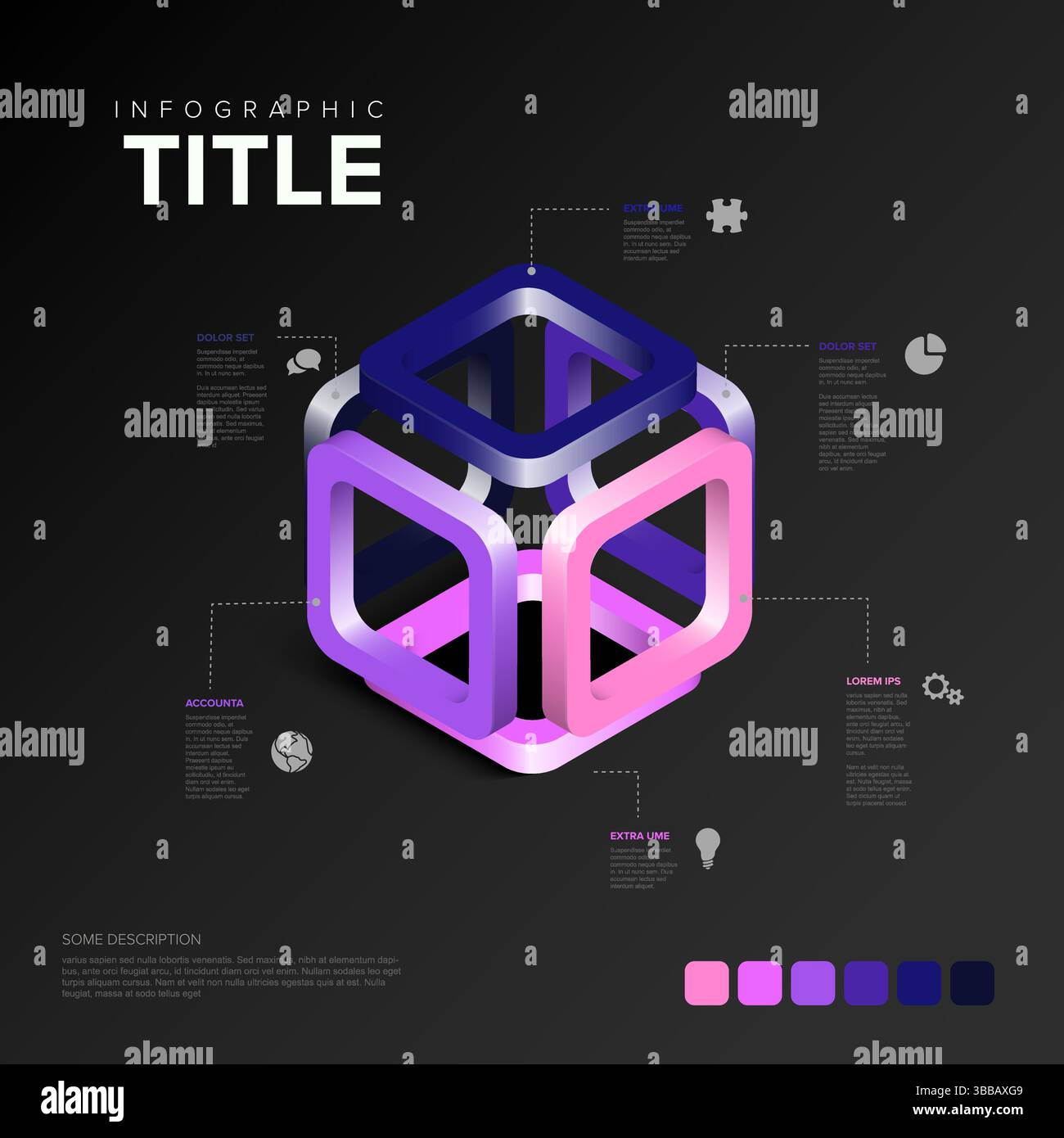 Abstrakte 3D-Würfelstruktur für die Darstellung von Infografiken auf dunklem Hintergrund. Verwenden Sie dieses moderne 3D-Würfeldesign für Ihre nächste Infografik oder Ihr nächstes Geschenk Stock Vektor