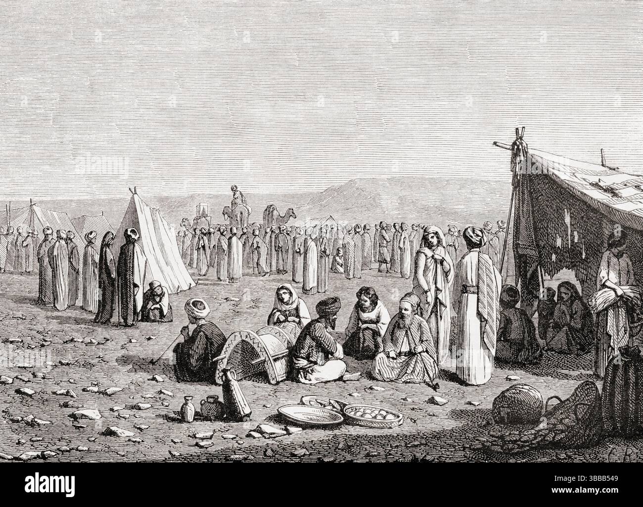 Lager einer Karawane griechischer Pilger in Palästina, 19. Jahrhundert. Von den Feierlichkeiten der Karwoche in Jerusalem: Ein Reisetext. In Le Tour du Monde, veröffentlicht 1862. Stockfoto