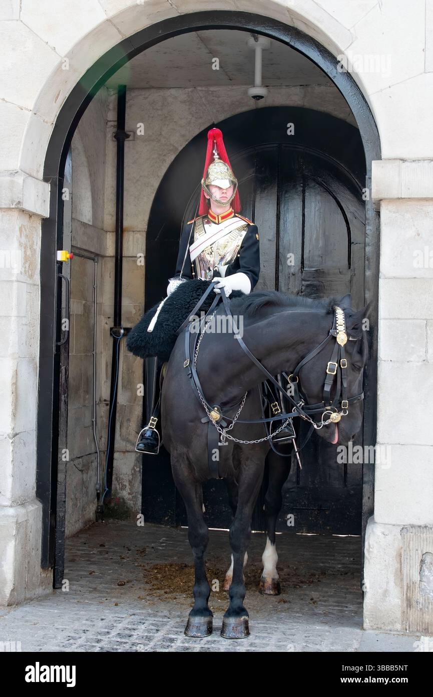 London, England, Großbritannien - 1. Mai 2025: Ein Soldat des Household Cavalry Mounted Regiment in London. Die Pferde sind oft schwarz. Stockfoto