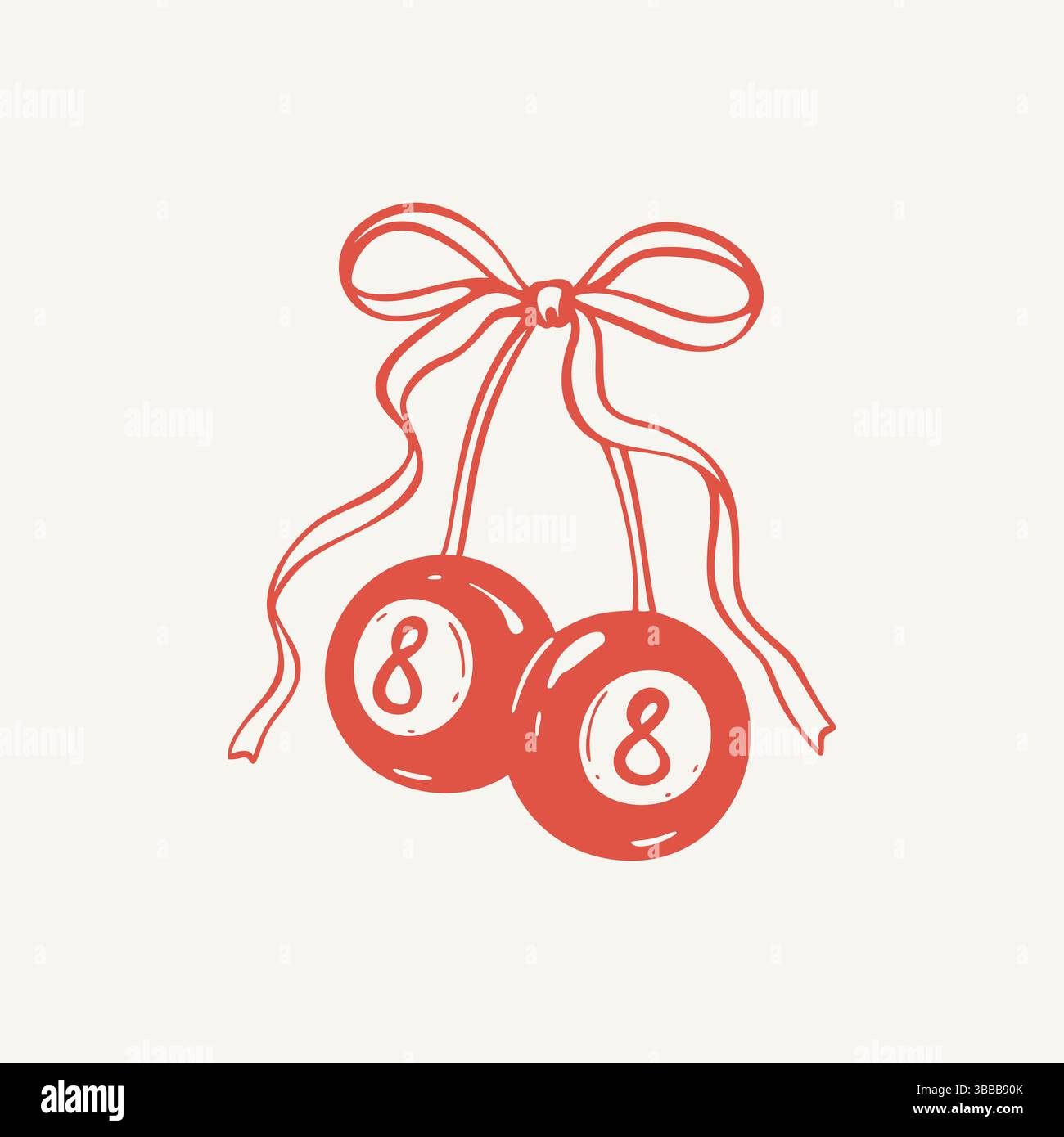 Billardball Nummer acht im Girly Cherry Style. Skurrile Coquette-Zeichnung mit niedlicher Schleife. Pool 8 Sphäre. Ästhetischer minimalistischer Kunstvektor illu Stock Vektor