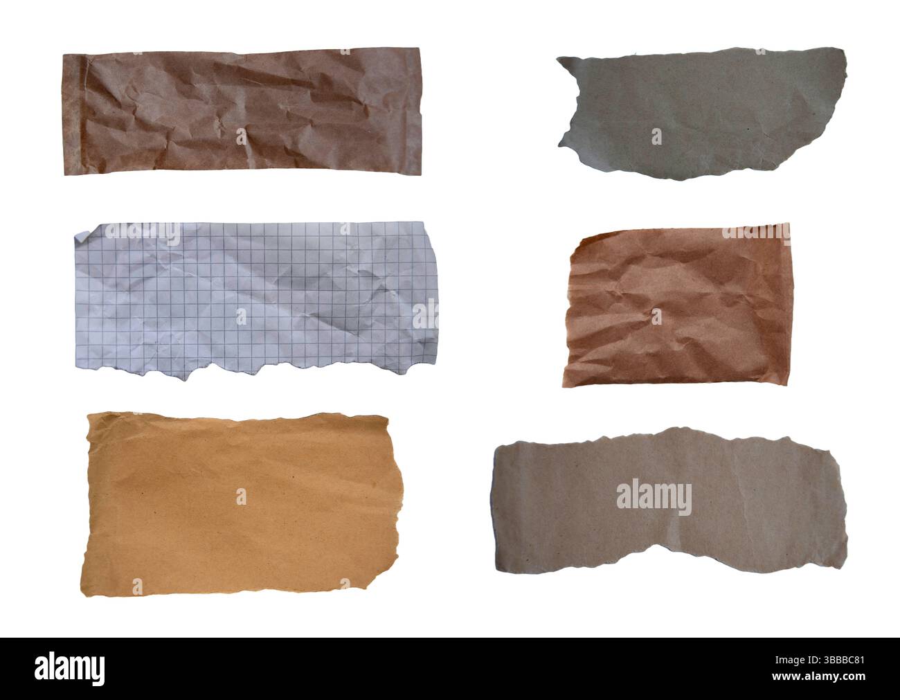 Ein Satz alter zerrissener Papierbögen. Zerknitterte Papierbögen in verschiedenen Farben und Typen für eine Kopie. Stockfoto