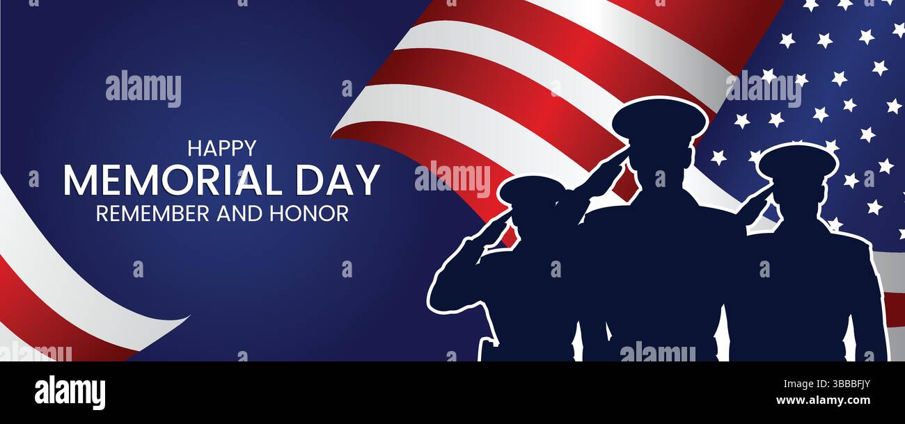 Happy Memorial Day Banner, Silhouetten von salutenden Soldaten, Under Waving American Flags Tribute Design Stock Vektor