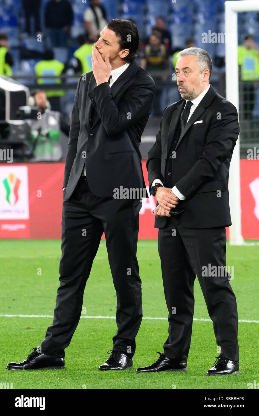 Zlatan Ibrahimovic am Ende des Coppa Italia-Endspiels zwischen AC Milan und Bologna FC im Stadio Olimpico in Rom (Italien) am 14. Mai 2025. Stockfoto