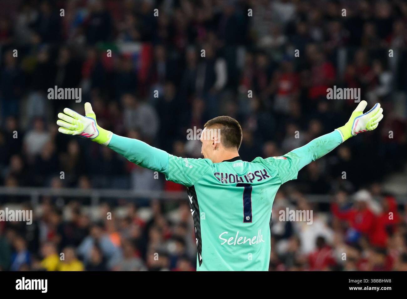 Lukasz Skorupski vom FC Bologna feiert am 14. Mai 2025 im Stadio Olimpico in Rom (Italien) das Finale des Fußballspiels Coppa Italia zwischen dem AC Milan und Bologna FC. Stockfoto