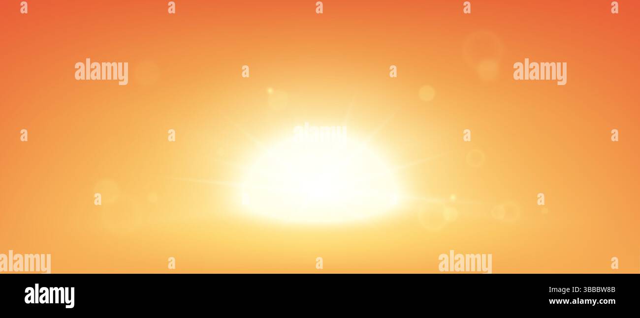 Sonnenuntergang auf rotem Himmel Hintergrund mit realistischem Sonnenlinsen-Lichteffekt Stock Vektor