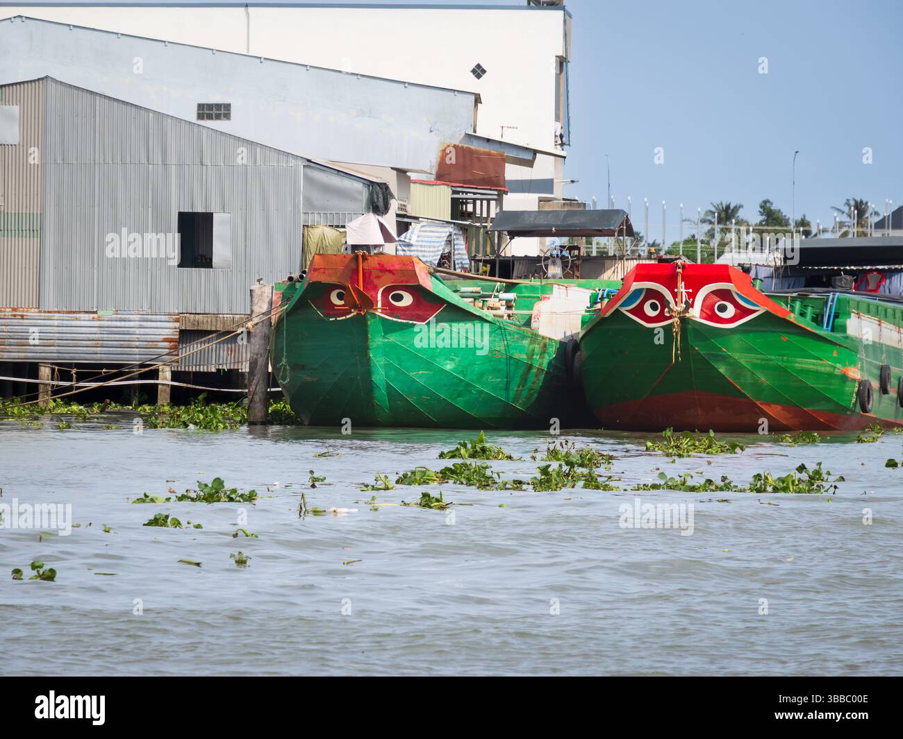 Zwei grüne Sampans mit Fischaugendekoration auf der Schleife Ca bei, Vietnam Stockfoto