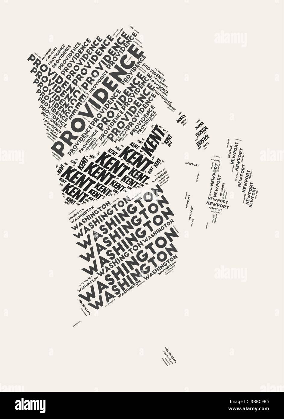Rhode Island Wortwolke. Bundesland mit Bezirksabteilung. Rhode Island typografischer Text Wolken Vektor-Bilddesign. Stock Vektor