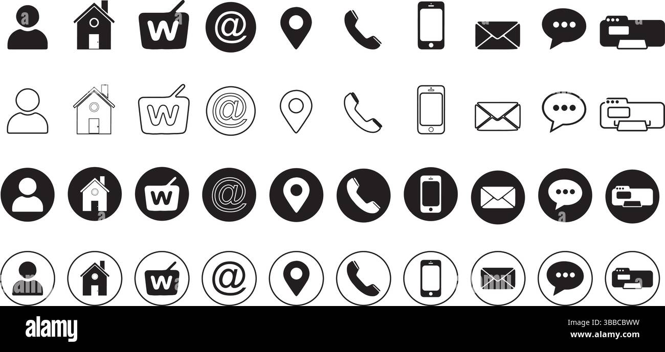 Schwarze Symbolgruppe auf weißem Hintergrund – Symbole für Benutzer, Kontakt, Standort, Mobilfunk und Web-Kommunikation Stock Vektor