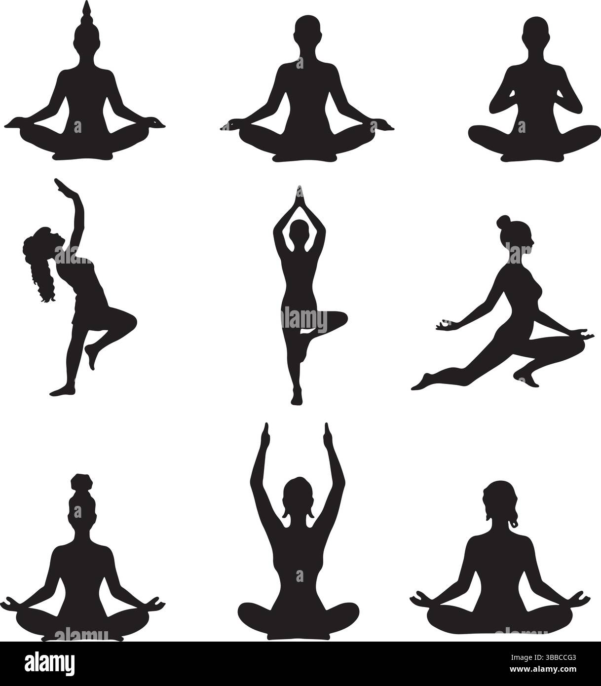 Yoga Silhouette Set – Schwarz-weiß-Vektor der Meditation und Asana-Posen ohne Schatten Stock Vektor