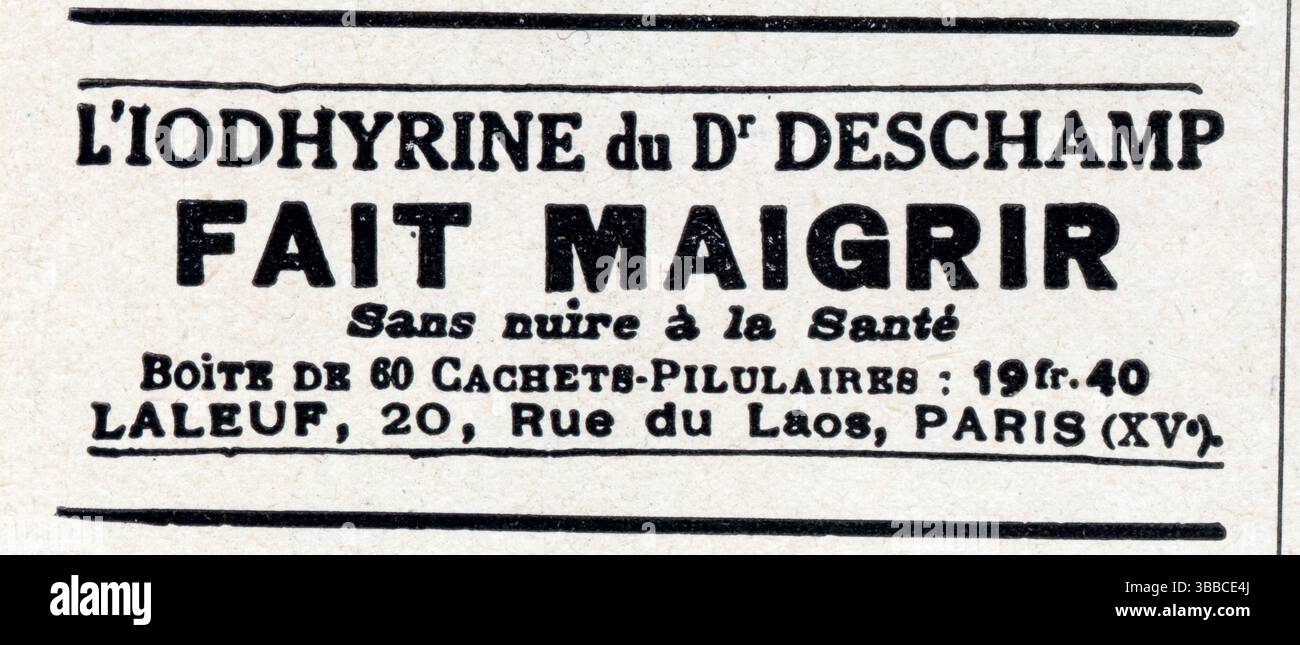 Publicité ancienne L'IODHYRINE du Dr DESCHAMP FAIT MAIGRIR Sans nuire à la santé 1930 Stockfoto