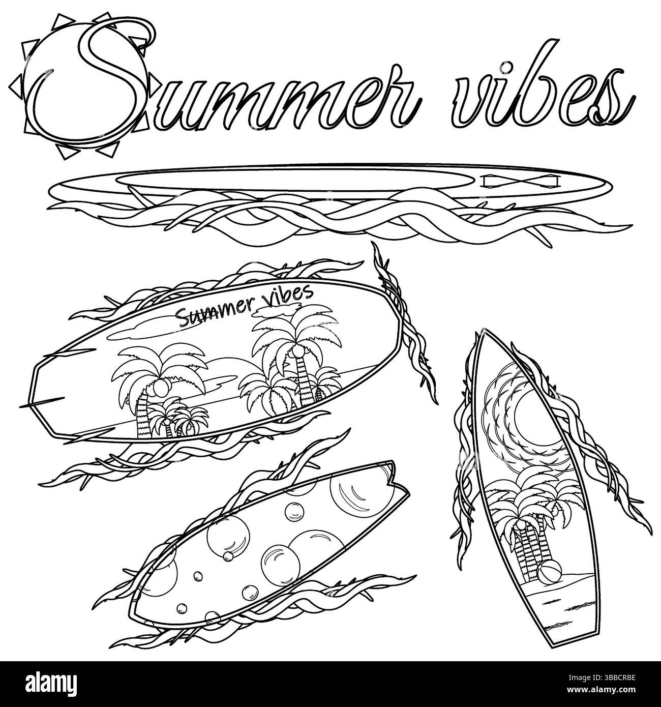 Ausmalseite mit einer Szene von Surfbrettern auf Meereswellen und Sonne. Sommerstimmung. Für Unterhaltung, Urlaub und Urlaub Banner, schwarz-weiß Stock Vektor