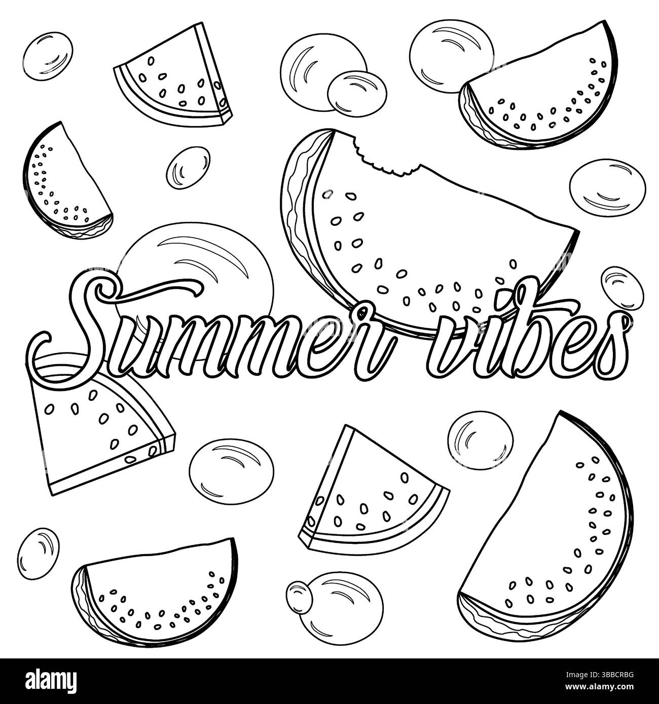 Ausmalseite mit Umrisszeichnung eine Szene mit saftigen Wassermelonenscheiben und erfrischenden Wasserblasen. Sommerstimmung. Zur Unterhaltung von Kindern, Urlaub und Stock Vektor