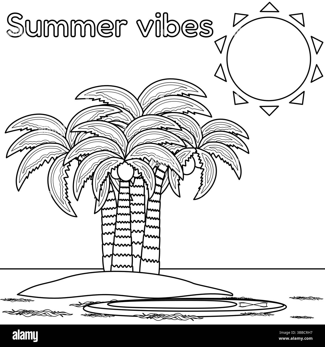 Ausmalseite mit einer Darstellung einer tropischen Insel, Palmen, Kokosnüssen, Surfbrett, Sonne, Meereswellen. Sommerstimmung. Für Unterhaltung, Urlaub B Stock Vektor