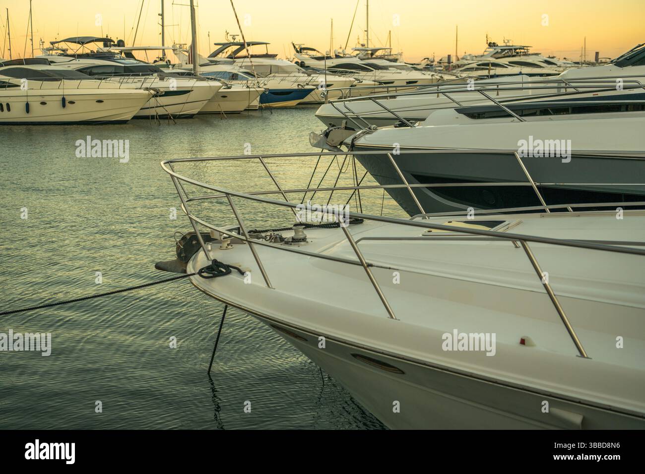 Wenn die Sonne untergeht, erwacht der Yachthafen mit leuchtenden Farben, die auf dem Wasser reflektiert werden. Mehrere Yachten sind sicher verankert, ihre Rümpfe glänzen im Stockfoto