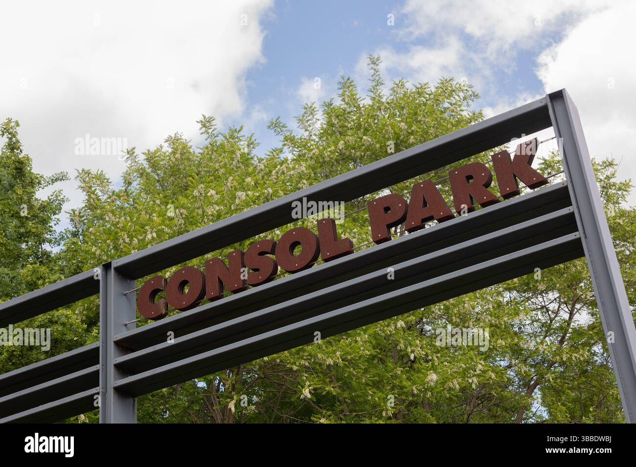 Schild am Consol Park der Grubenanlage Gelsenkirchen-Bismarck. Stockfoto