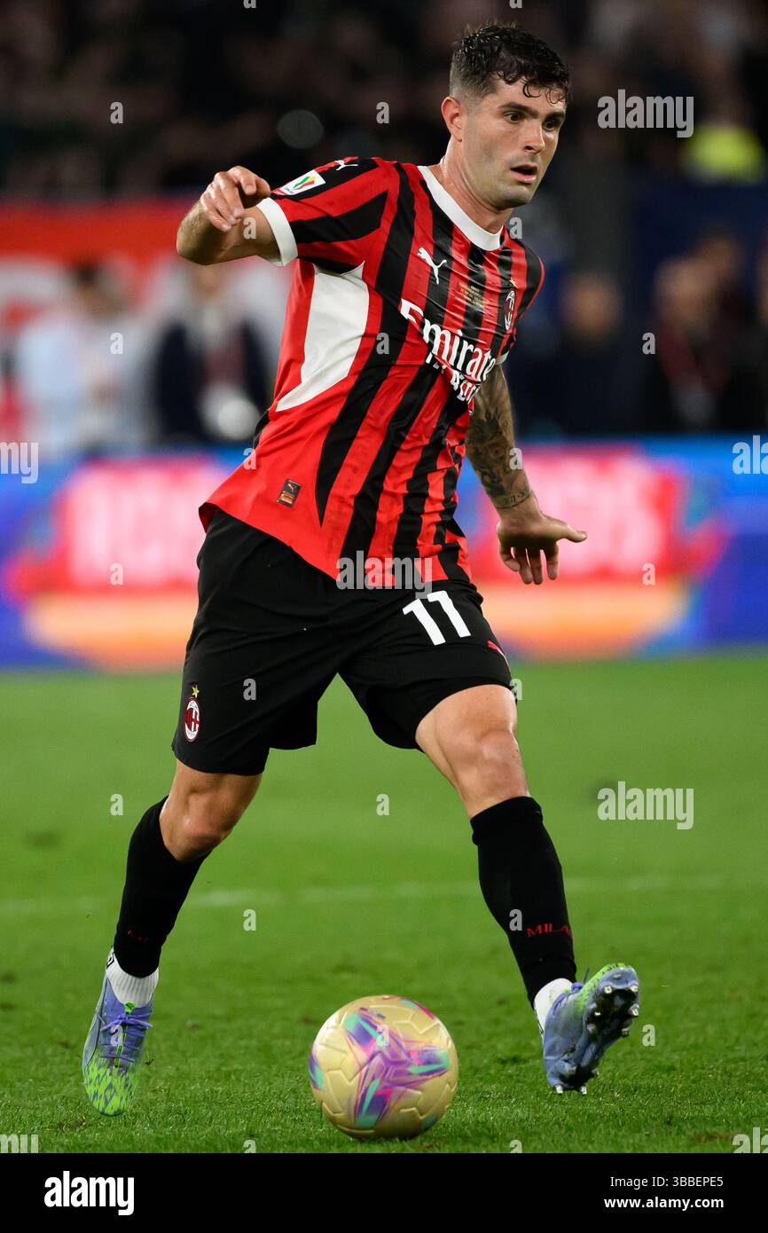 Christian Pulisic vom AC Milan im Finale des Coppa Italia zwischen AC Milan und Bologna FC im Stadio Olimpico in Rom (Italien), 14. Mai 2025. Stockfoto