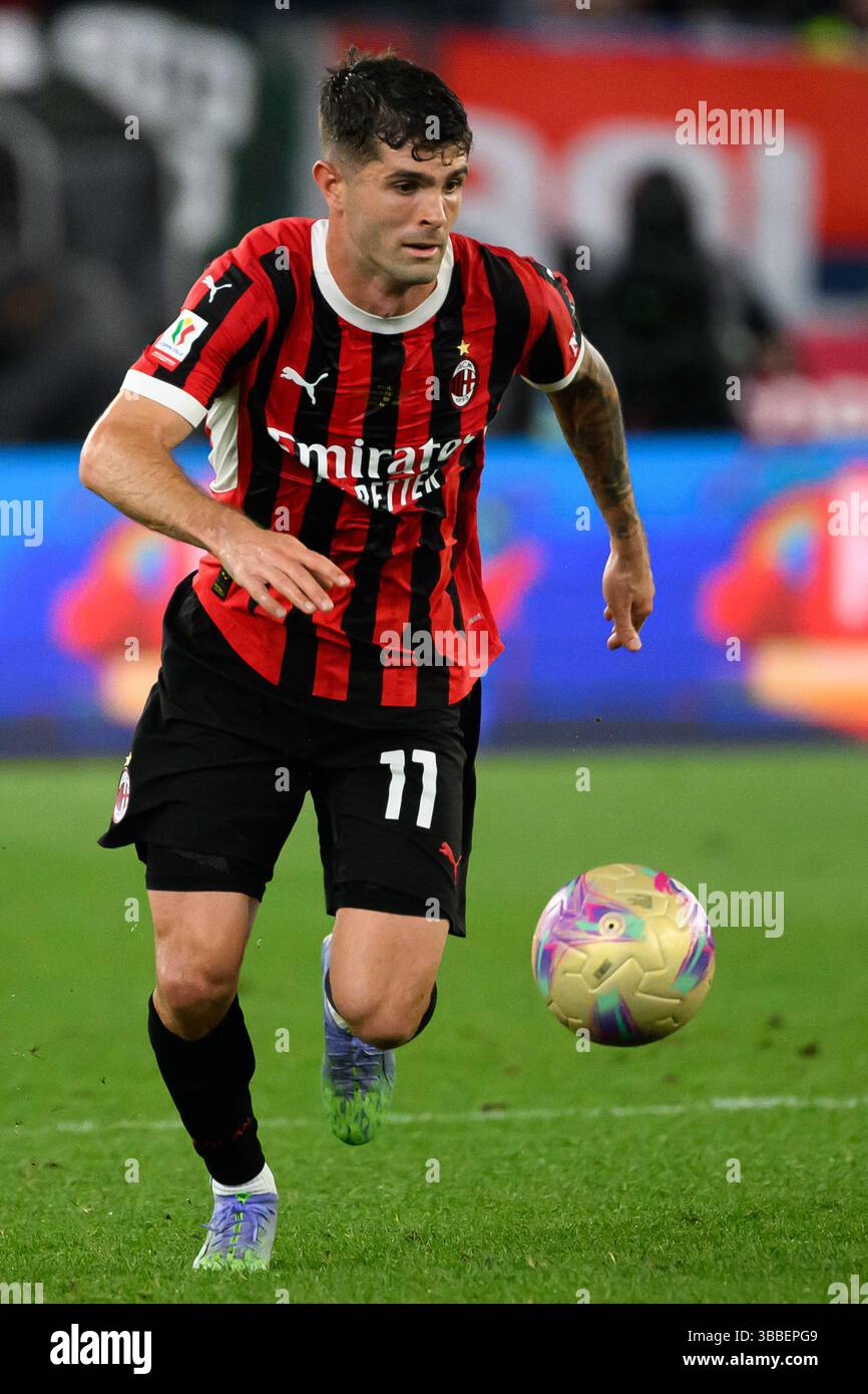 Christian Pulisic vom AC Milan im Finale des Coppa Italia zwischen AC Milan und Bologna FC im Stadio Olimpico in Rom (Italien), 14. Mai 2025. Stockfoto