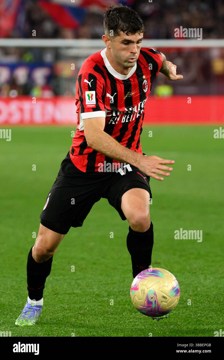 Christian Pulisic vom AC Milan im Finale des Coppa Italia zwischen AC Milan und Bologna FC im Stadio Olimpico in Rom (Italien), 14. Mai 2025. Stockfoto