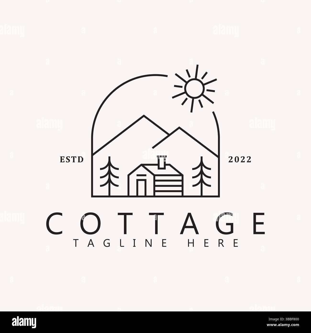 Cottage Logo mit Panorama Mountain und Kiefer. Schild Für Ländliche Landschaft. Stock Vektor
