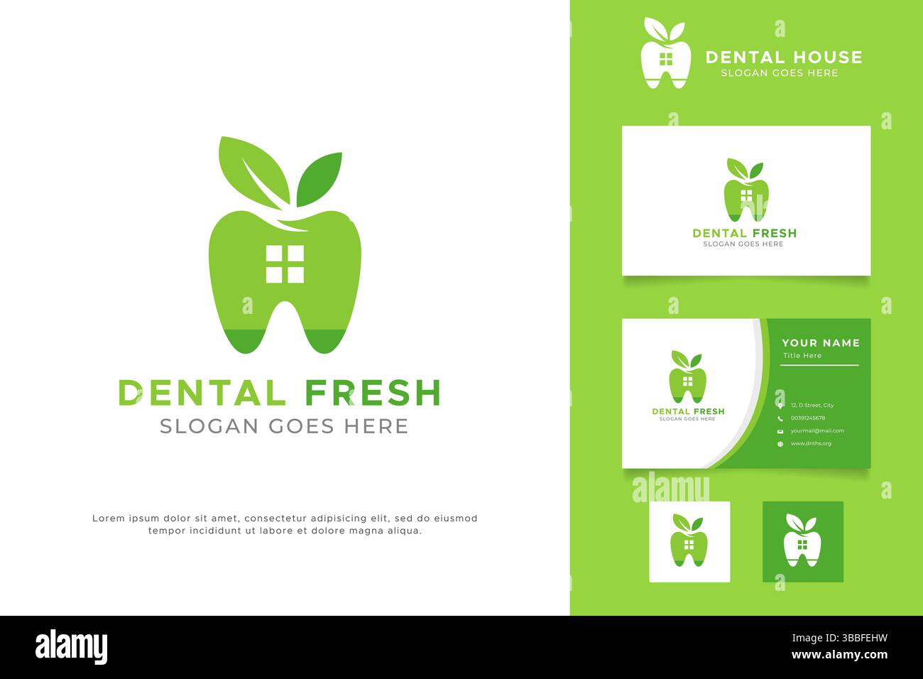 Dental Fresh Clinic Logo abstrakte Illustration mit grüner Farbe und Visitenkarte Vorlage für Branding Identität. Stock Vektor
