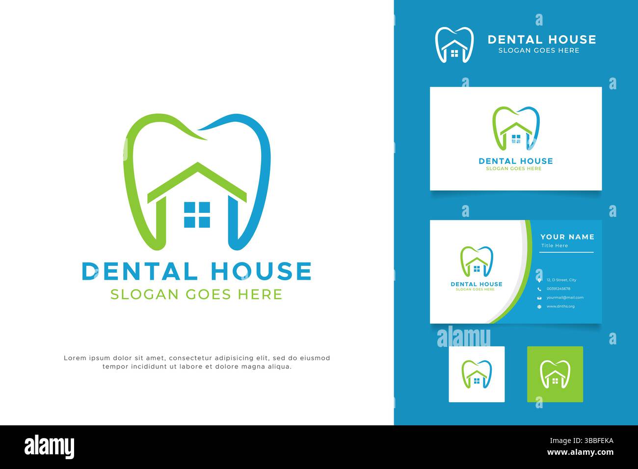 Zahn- und Hauszeichen-Symbol des Dentalhauses Logo und minimalistische Visitenkartenvorlage. Stock Vektor