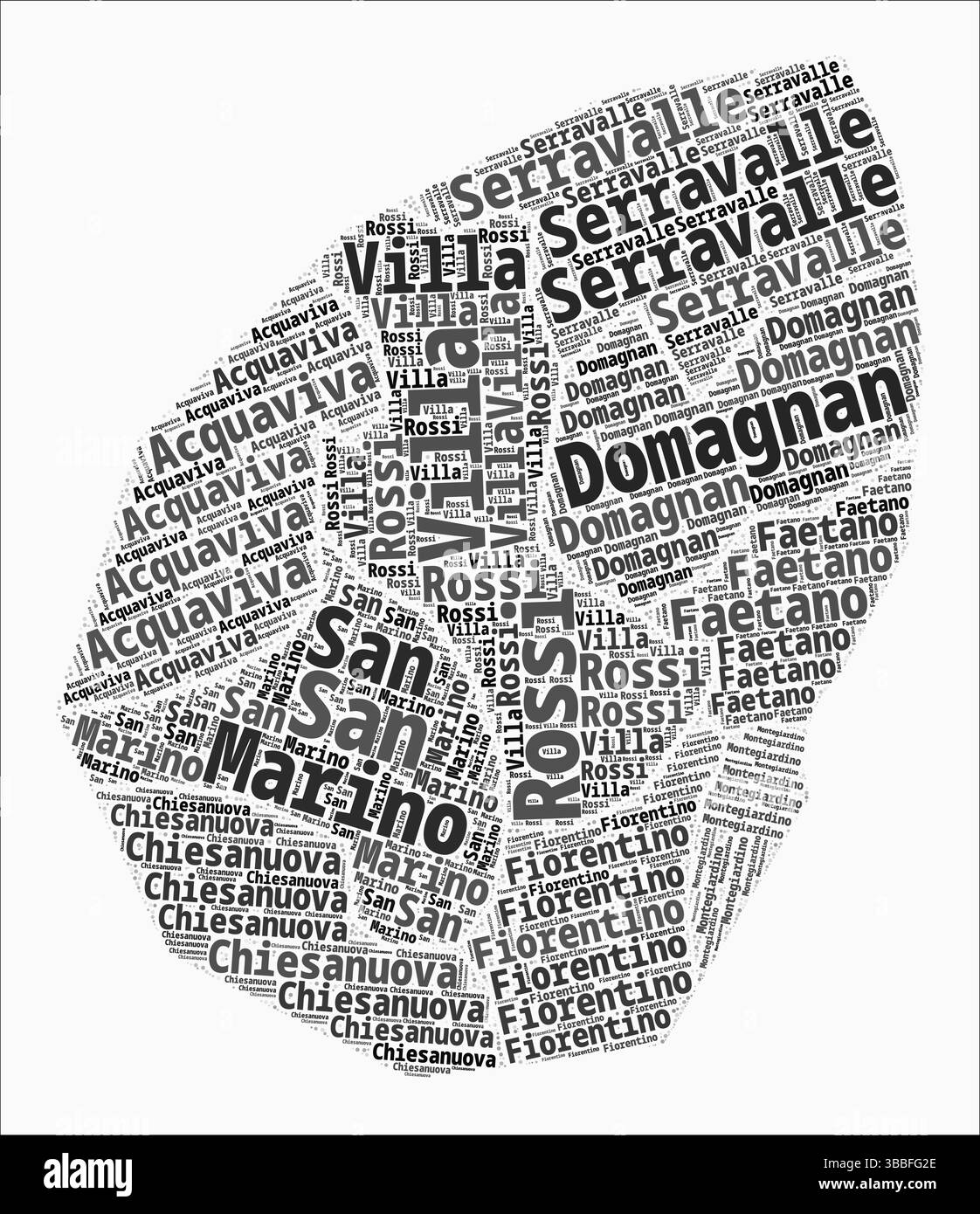 San Marino Textformatbereiche. Länderregion benennt Wortwolken in italienischer Sprache. Kreative Vektorillustration. Stock Vektor