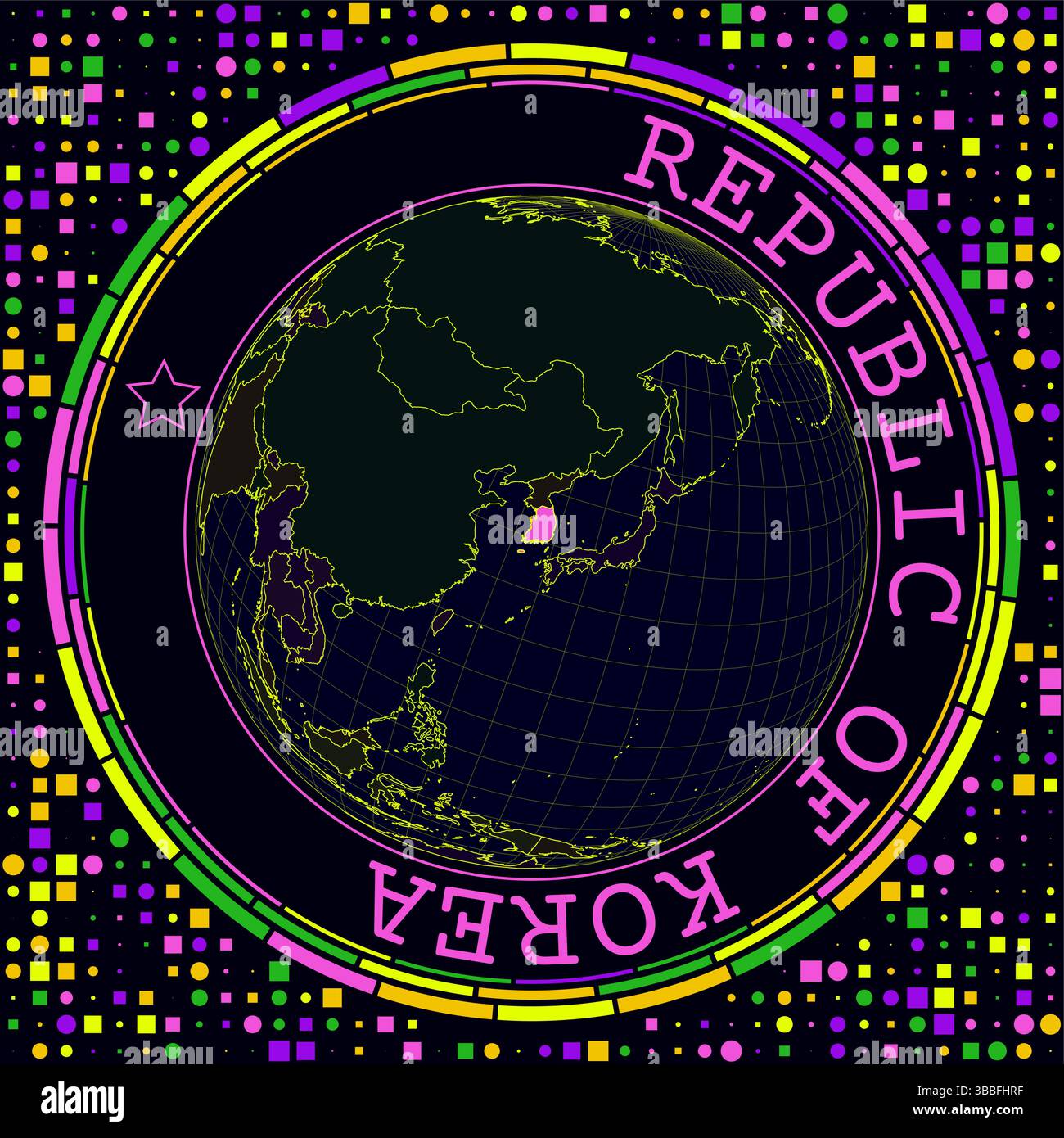 Das futuristische Südkorea auf der Welt. Helles Neon-Satellitenbild der Welt mit Schwerpunkt Südkorea. Stock Vektor