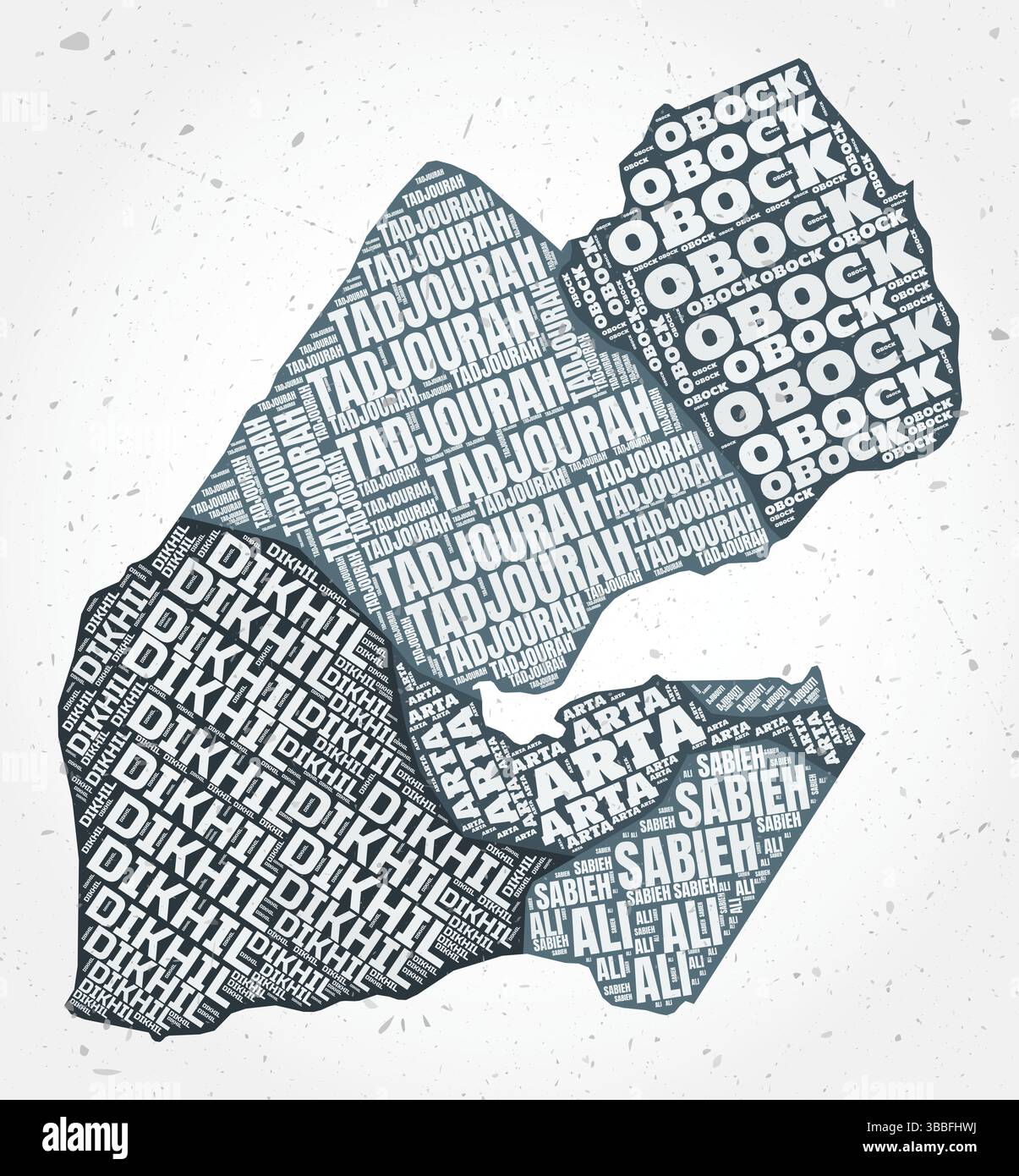 Dschibuti Regionen Wortwolken. Länderform auf strukturiertem Hintergrund. Dschibuti-Design im typografischen Stil. Wunderschöne Vektorillustration. Stock Vektor