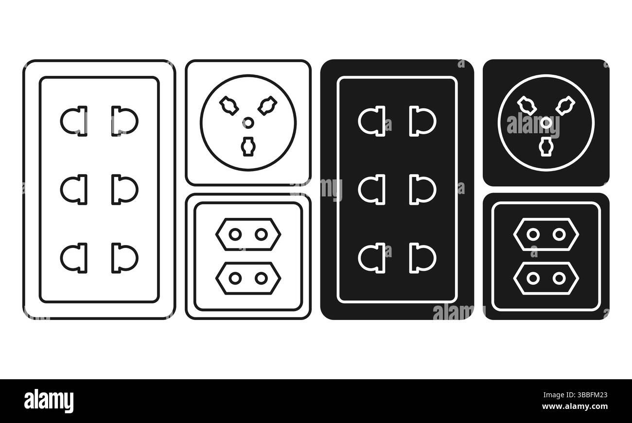 Sammlung von elektrischen Steckdosen mit verschiedenen Typen von Flachschwarz und Umrissform. Symbole Für Netzanschluss Stock Vektor