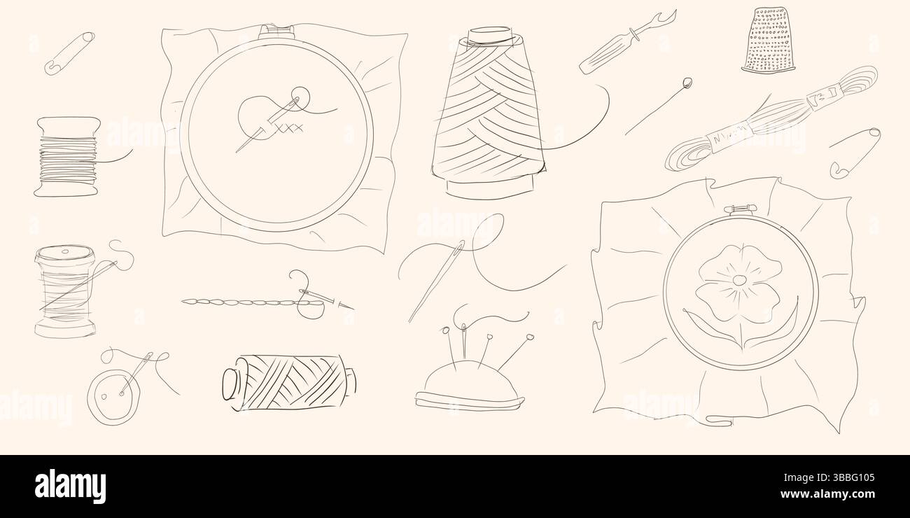 Set mit Symbolen für Schneidewerkzeuge und Zubehör. Handgezeichnete Retro-Ausrüstung von Schneiderin zum Nähen von Kleidern. Nähen, Handarbeiten, Ikonen des Designers und Schneiders Stock Vektor