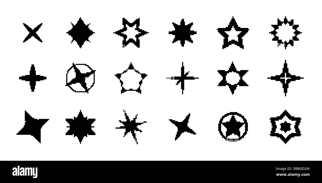 8-Bit-Pixel-Stern-Symbolsatz. Schwarzes Glitzersymbol Stock Vektor
