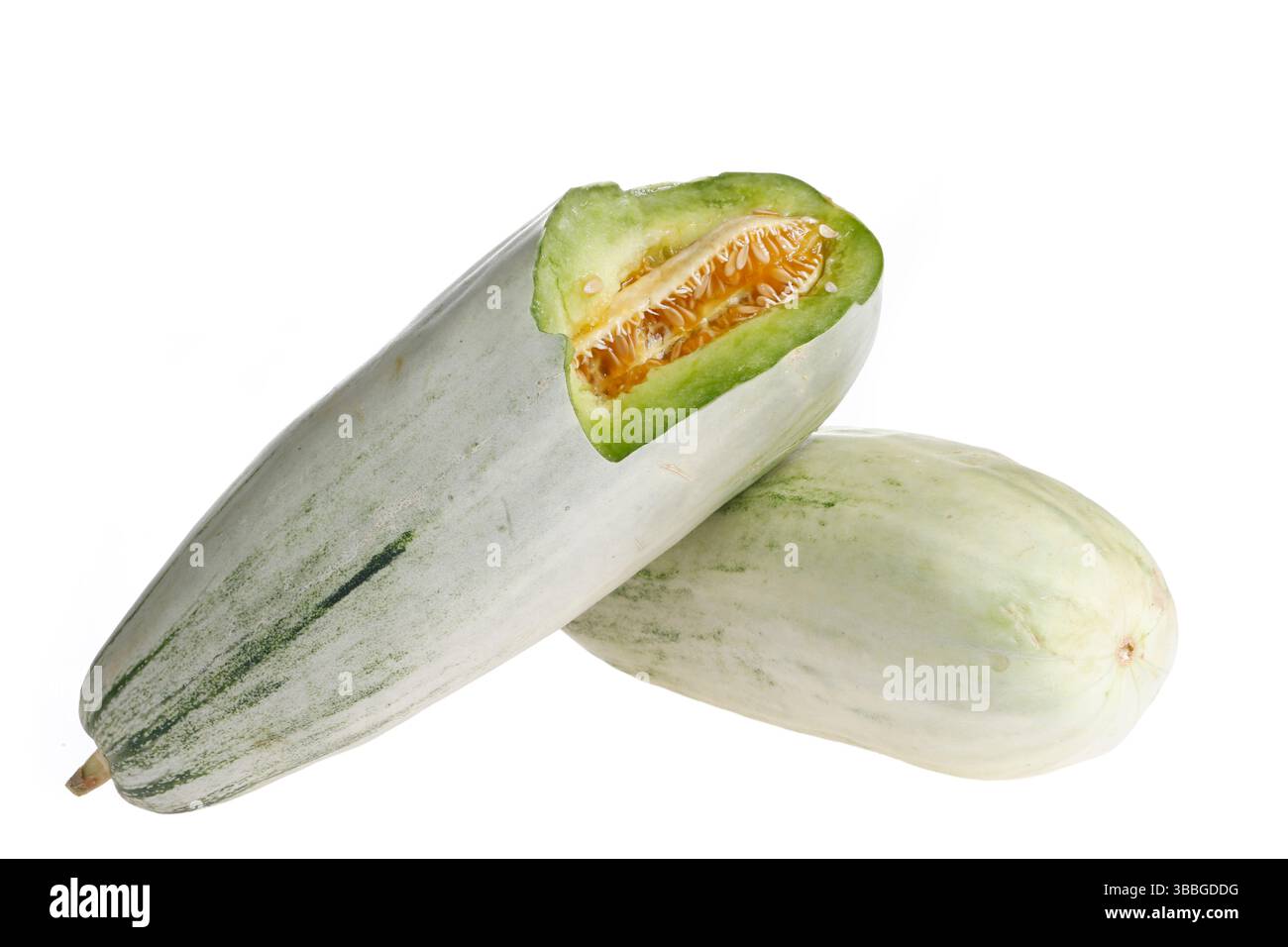 Melone auf weißem Hintergrund, aus nächster Nähe aufgenommen Stockfoto