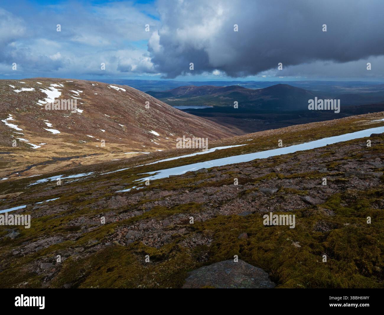 Hochmoorland an den Hängen des Cairn Gorm mit Loch Morlich und Meall a Bhuachaille Beyond, Cairngorms National Park, Highland Region, Schottland, 2. Mai Stockfoto