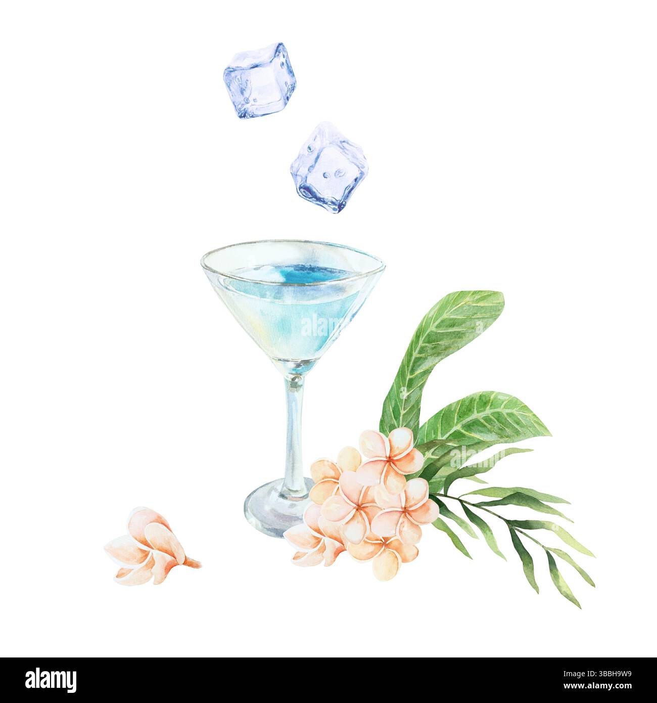 Blauer Cocktail im Glasbecher, Eiswürfel, Plumeria-Blumen und -Blätter. Handgezeichnete Aquarellillustration isoliert auf weiß. Für Postkarten Stockfoto