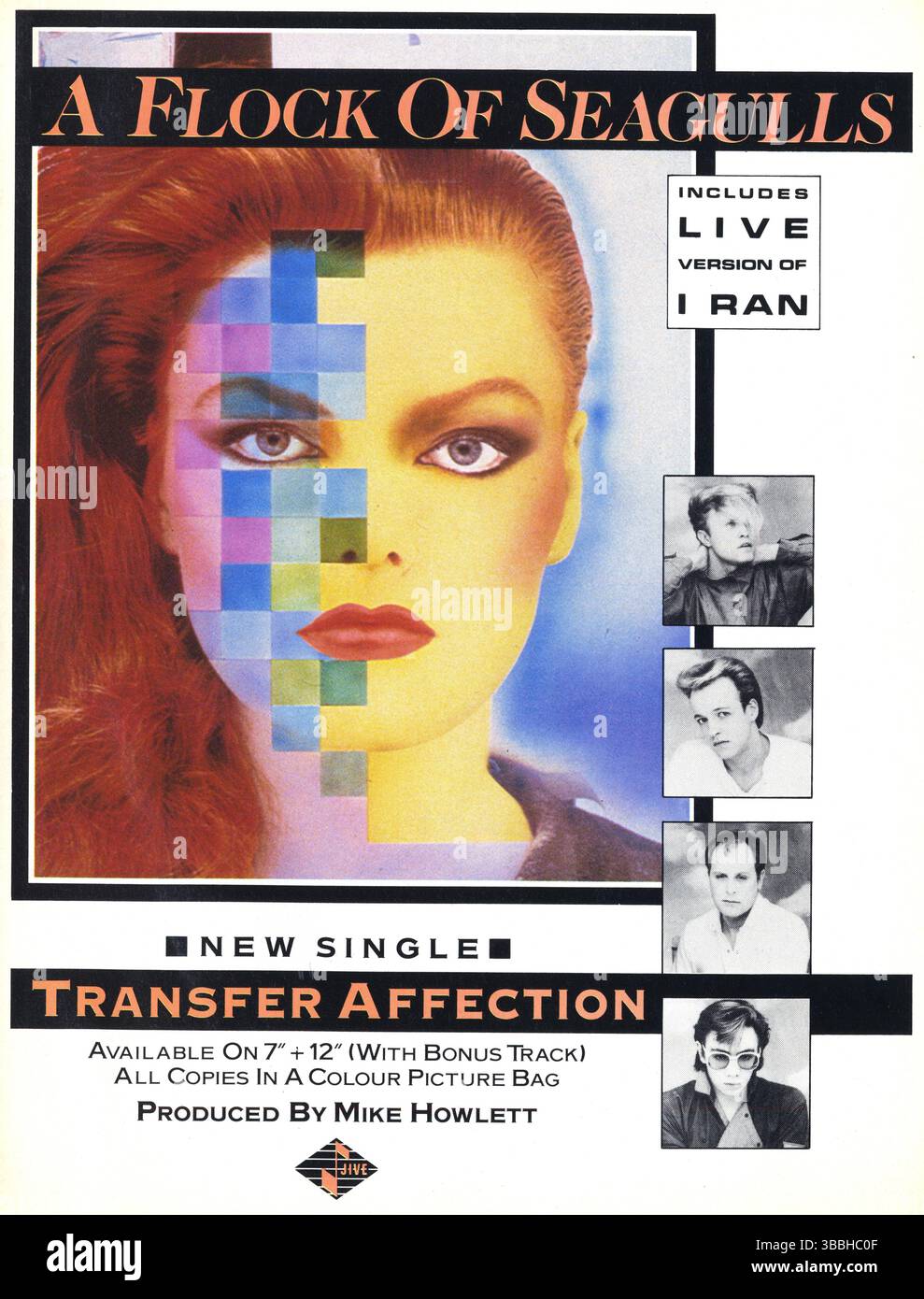 Eine ganze Reihe von Seagulls Farbwerbung für Single Transfer Affection, 7', 12' Single, produziert von Mike Howlett. Jive Records, 1983. Die New Wave Gruppe wurde von Mike Score und seinem Bruder Ali in Liverpool gegründet. Aktiv zwischen 1979 und 1986 Stockfoto