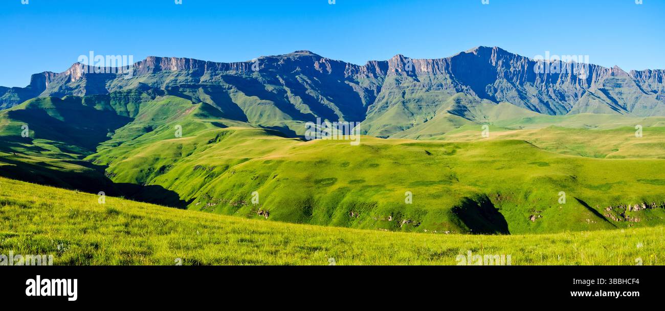 Atemberaubende Drakensberg-Landschaft am Cathedral Peak, Ukhahlamba Drakensberg Park, KwaZulu Natal, Südafrika - majestätische Berge und üppige Täler. Stockfoto