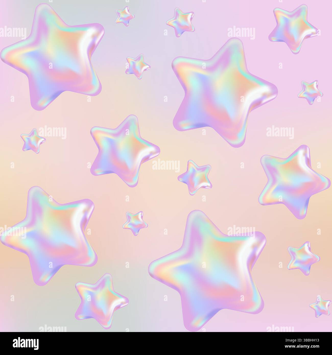 Nahtloses 3D-holografisches Retro-90-Muster. Verchromte rosa Sterne im Y2K-Stil auf Pastellhintergrund mit Farbverlauf. Ästhetik der Zukunft, 3D-Chrom-Blasenkunst. Abstrakte Kunst aus Metall in Hochglanz. Stock Vektor