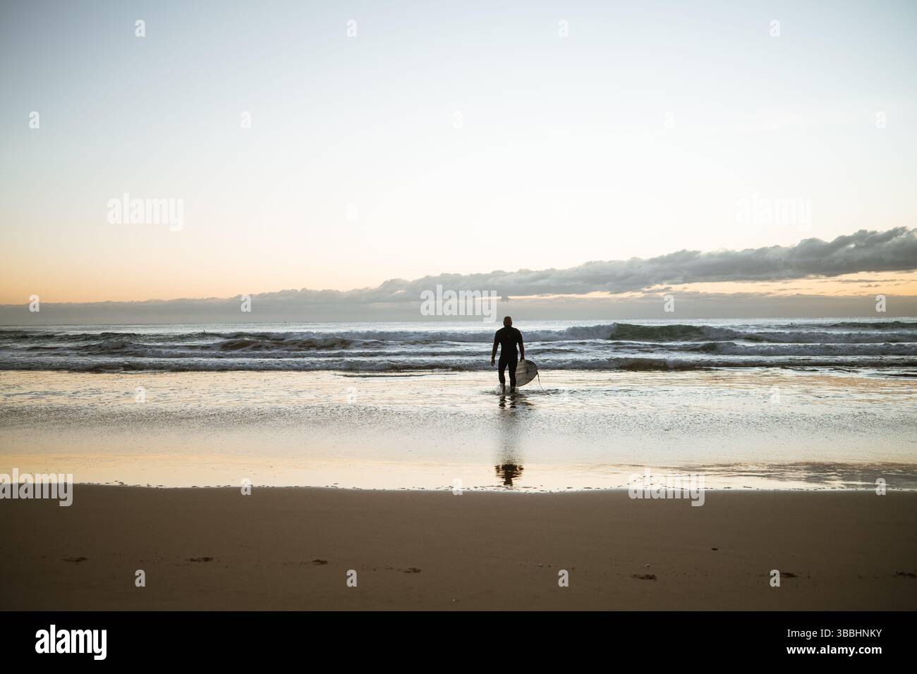 Surfer spazieren in den Ozean bei Sonnenaufgang am Manly Beach, Australien Stockfoto