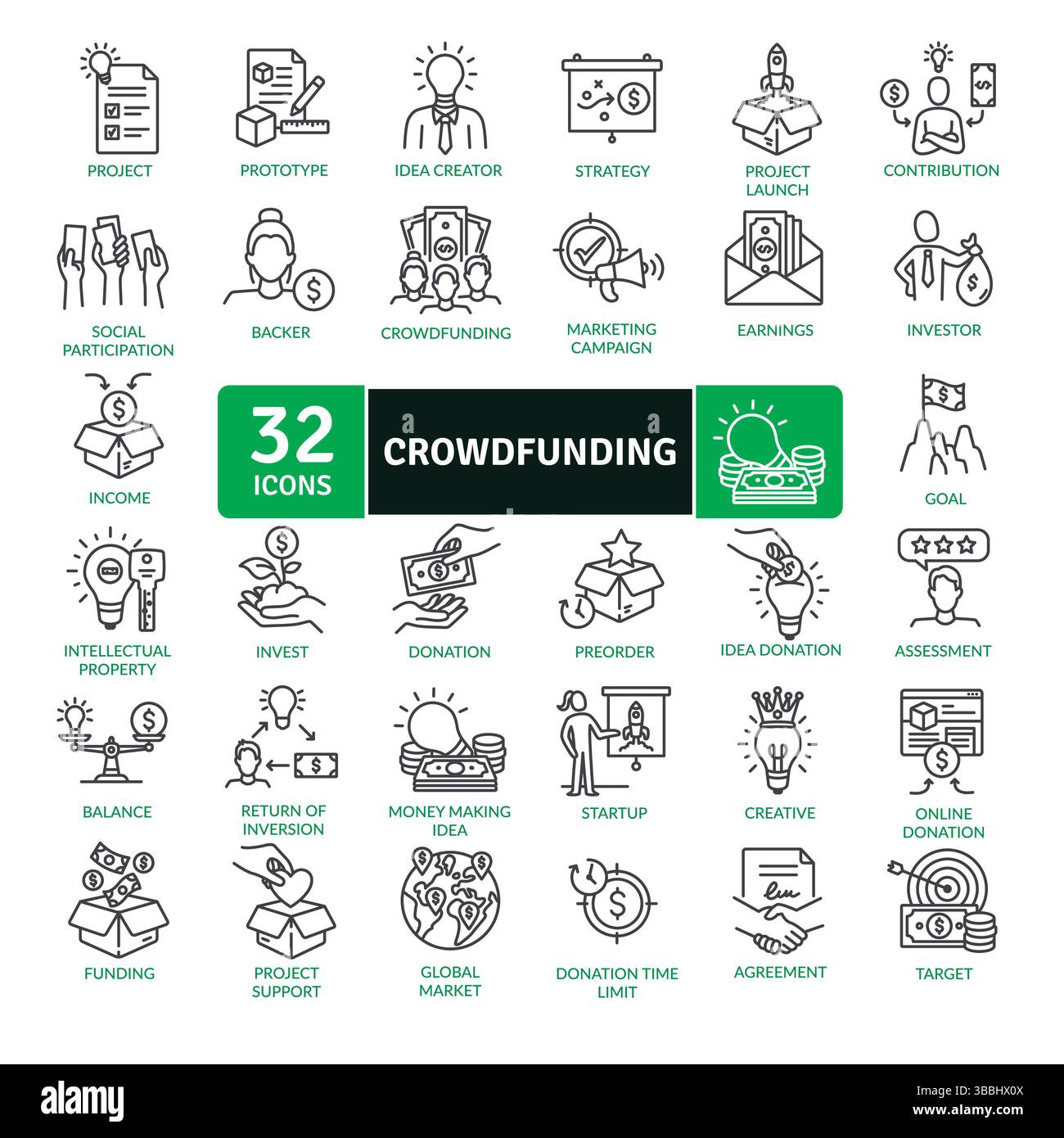 Crowdfunding-Symbole: Finanzierung von Ideen und Projekten Online Stock Vektor