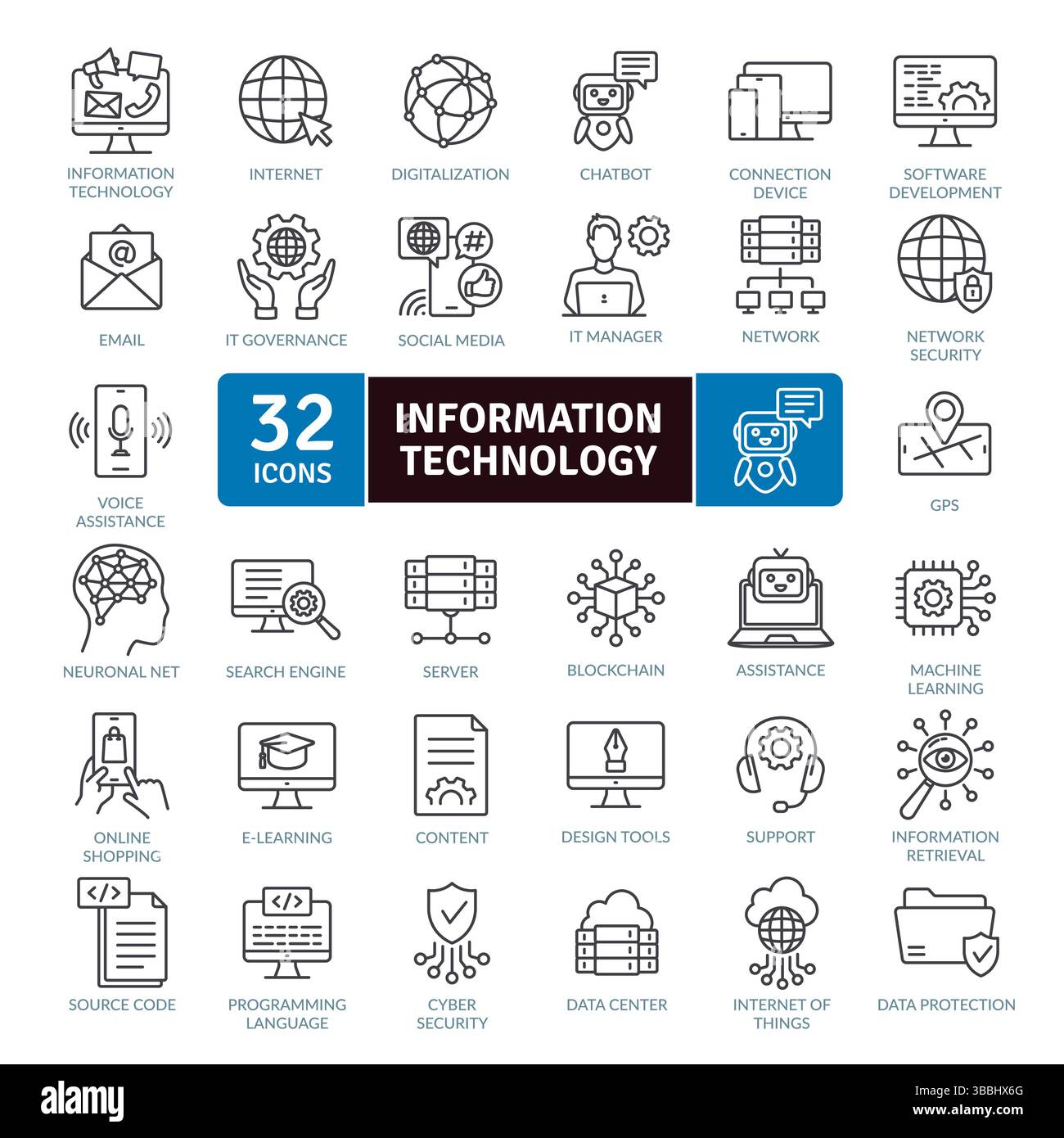 Information Technology Icon Collection: 32 Digital Innovation Line Graphics Stock Vektor