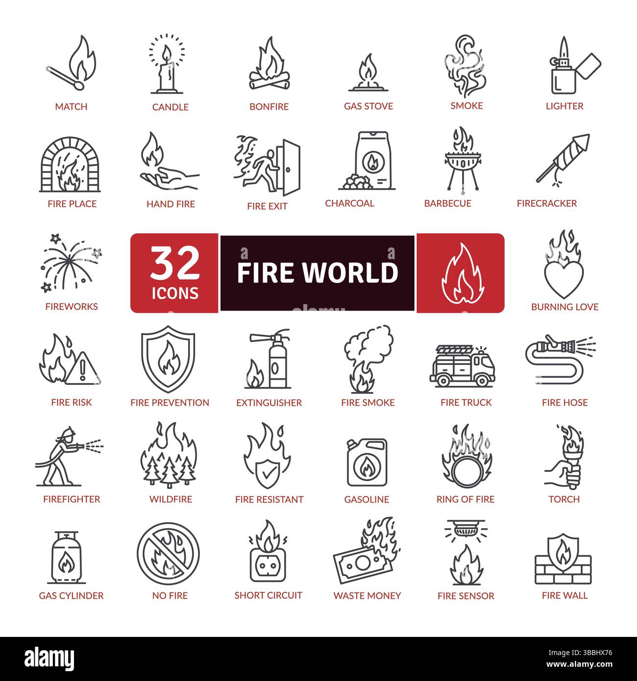 Feuer und Flammen 32 Symbolsatz: Brennende Elemente Stock Vektor