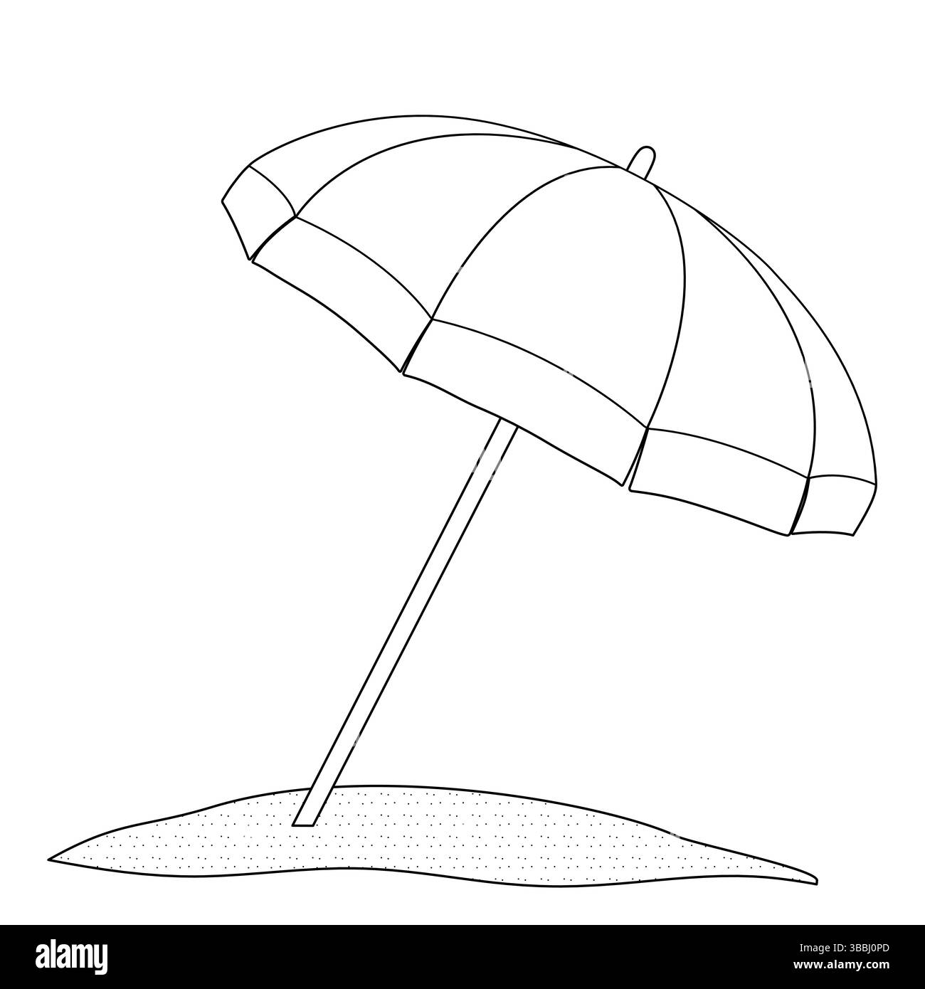 Ausmalseite mit Sommerumrisszeichnung eines Sonnenschirms, der vor der Sonne schützt, auf dem Sand davor. Für die Unterhaltung von Kindern, Sommer, saisonal, Stock Vektor