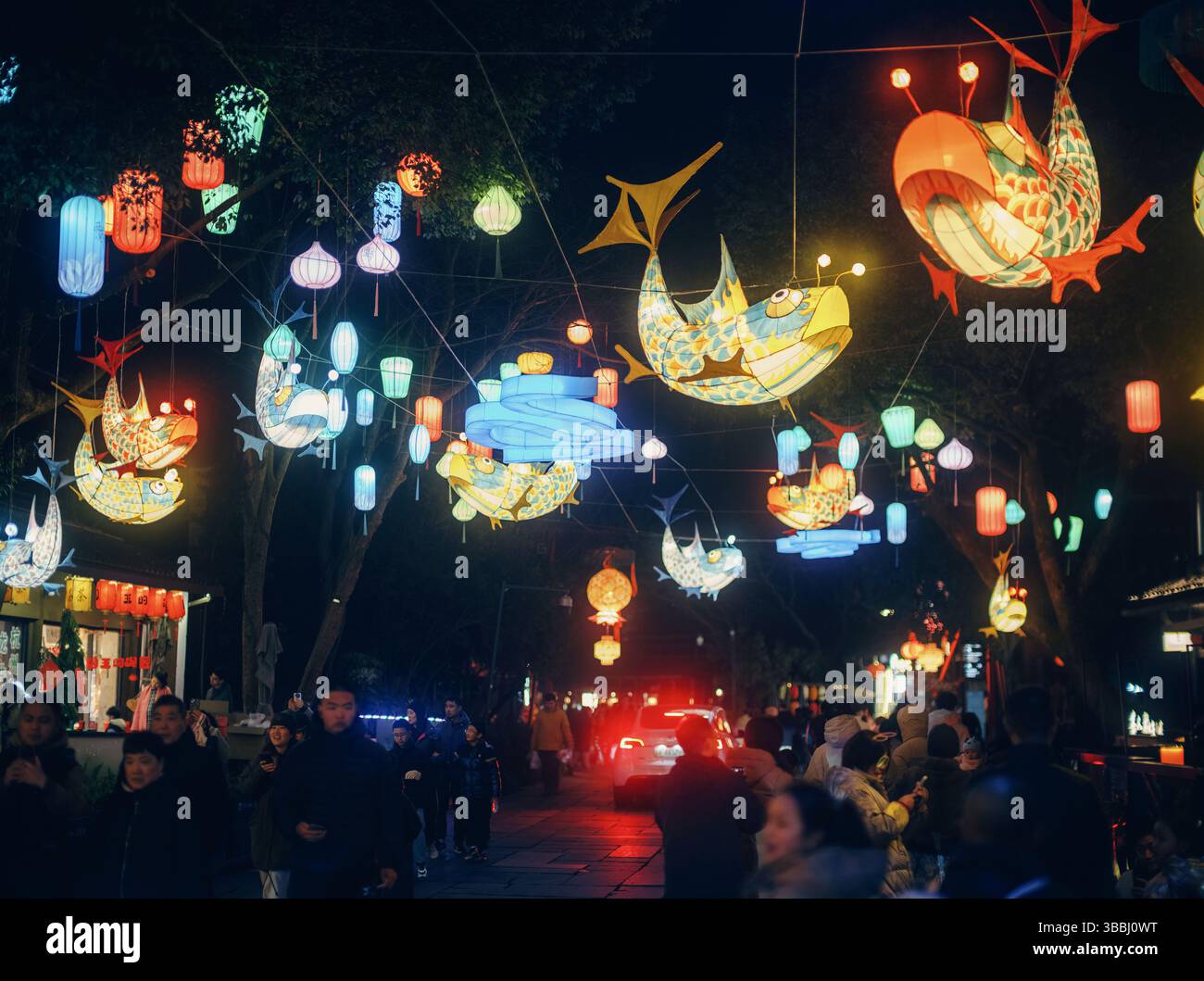 Fischlaternen beleuchten eine nächtliche Szene auf dem Straßenmarkt in Hangzhou, Zhejiang, China Stockfoto