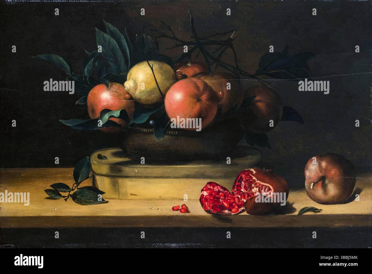 Louise Moillon, Schüssel mit Zitronen und Orangen auf einer Schachtel Holzspäne und Granatäpfel, Stillleben Gemälde in Öl auf Platte, 1630-1639 Stockfoto